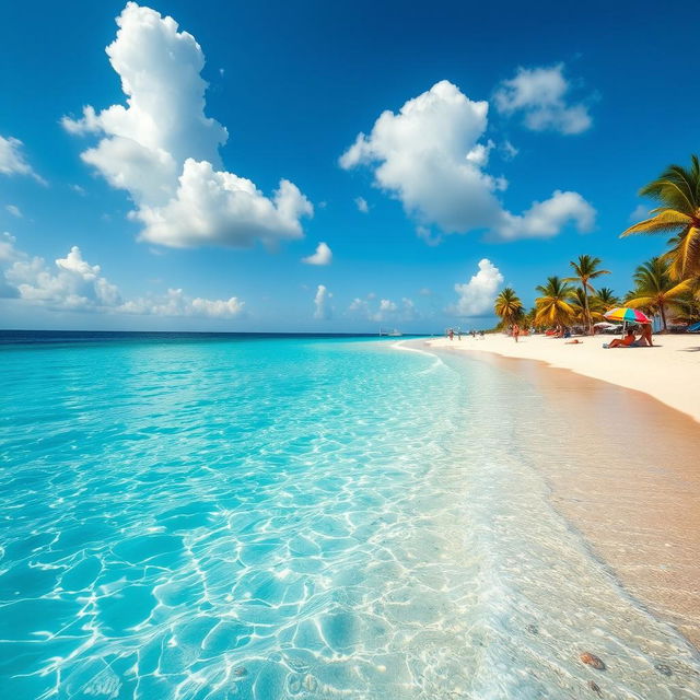 A stunning beach with crystal clear blue sea water gently lapping at the shore, soft golden sand glistening in the sunlight, scattered seashells, and palm trees swaying in the gentle breeze