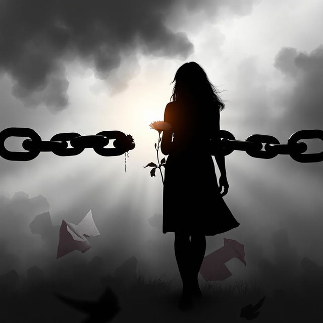 An evocative and impactful image symbolizing violence against women, featuring a broken chain representing the struggle for freedom and empowerment