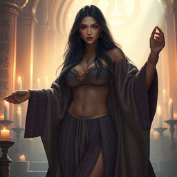 A priestess with a slim thick body, featuring large breasts and a thick ass, dressed in an elegant robe that flows gracefully