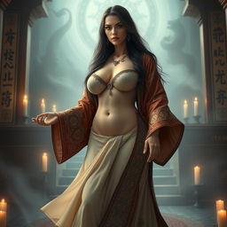 A priestess with a slim thick body, featuring large breasts and a thick ass, dressed in an elegant robe that flows gracefully