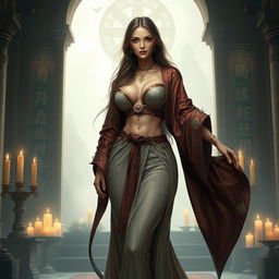 A priestess with a slim thick body, featuring large breasts and a thick ass, dressed in an elegant robe that flows gracefully