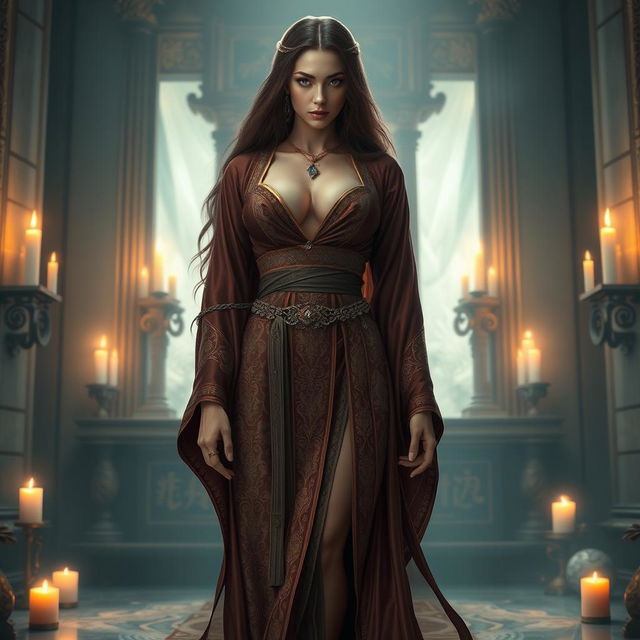 A priestess with a slim thick body, featuring large breasts and a thick ass, dressed in an elegant robe that flows gracefully