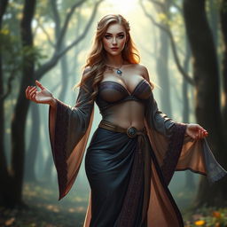 A slim thick body of a priestess wearing a flowing, elegant robe that accentuates her curves, featuring large breasts and a thick ass