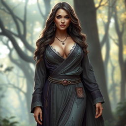A slim thick body of a priestess wearing a flowing, elegant robe that accentuates her curves, featuring large breasts and a thick ass