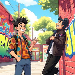 A lively and energetic scene depicting two male characters, Vital and Sanchez, in a vibrant urban setting