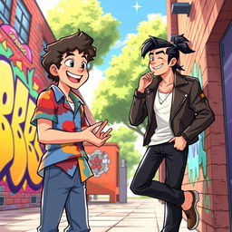 A lively and energetic scene depicting two male characters, Vital and Sanchez, in a vibrant urban setting