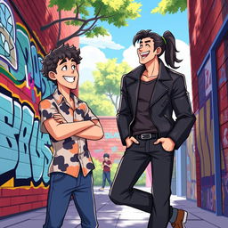A lively and energetic scene depicting two male characters, Vital and Sanchez, in a vibrant urban setting