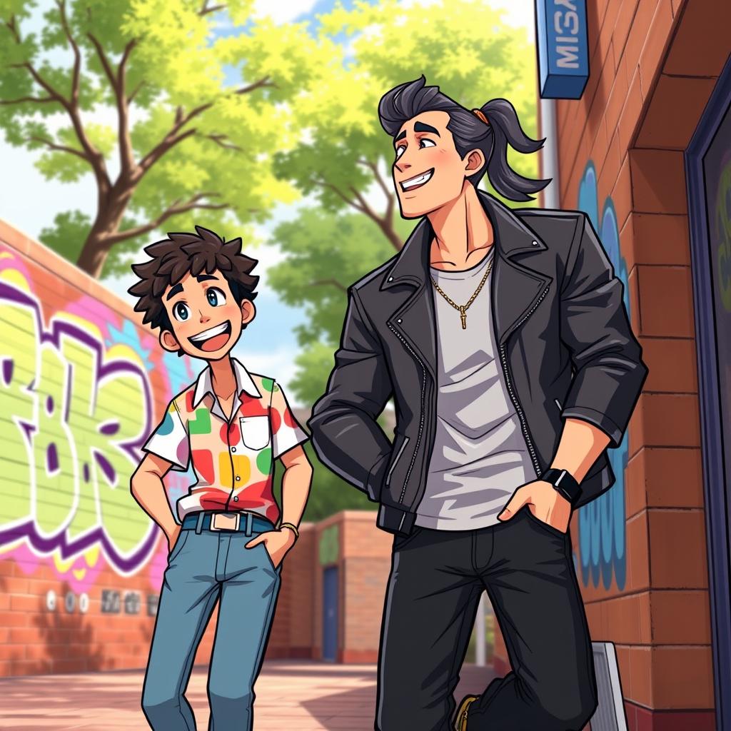 A lively and energetic scene depicting two male characters, Vital and Sanchez, in a vibrant urban setting