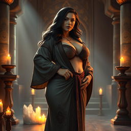 A curvy priestess with a slim thick body, emphasizing her large breasts, draped in a beautifully designed robe that accentuates her figure