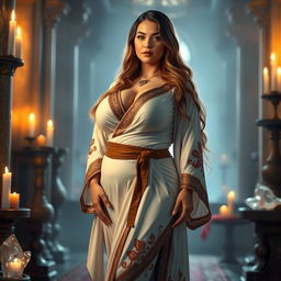 A curvy priestess with a slim thick body, emphasizing her large breasts, draped in a beautifully designed robe that accentuates her figure