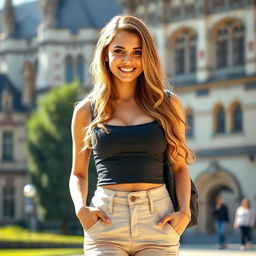 A beautiful English university student with large, rounded breasts, dressed in a fashionable yet casual outfit that reflects her youthful spirit