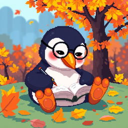 A cozy pixel art scene featuring a cute penguin lounging on its belly in a vibrant autumn forest, surrounded by colorful falling leaves