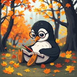 A cozy pixel art scene featuring a cute penguin lounging on its belly in a vibrant autumn forest, surrounded by colorful falling leaves