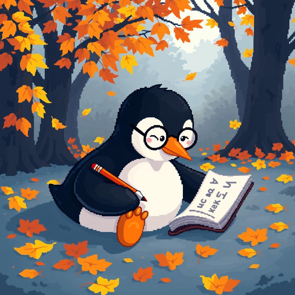 A cozy pixel art scene featuring a cute penguin lounging on its belly in a vibrant autumn forest, surrounded by colorful falling leaves