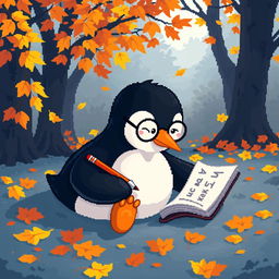 A cozy pixel art scene featuring a cute penguin lounging on its belly in a vibrant autumn forest, surrounded by colorful falling leaves