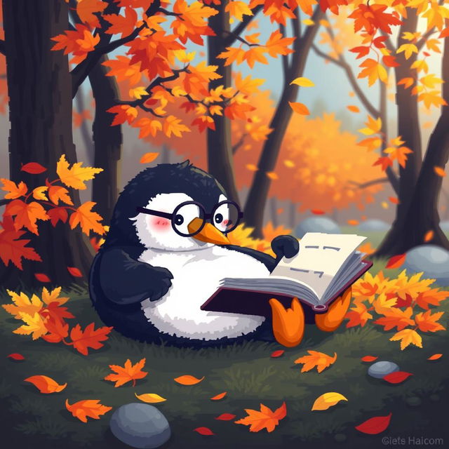 A cozy pixel art scene featuring a cute penguin lounging on its belly in a vibrant autumn forest, surrounded by colorful falling leaves