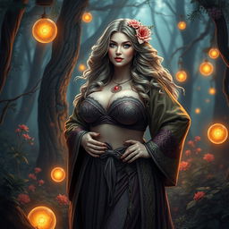 A curvy priestess with large breasts, dressed in an ornate robe that elegantly outlines her figure