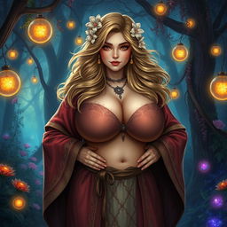 A curvy priestess with large breasts, dressed in an ornate robe that elegantly outlines her figure