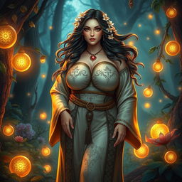 A curvy priestess with large breasts, dressed in an ornate robe that elegantly outlines her figure