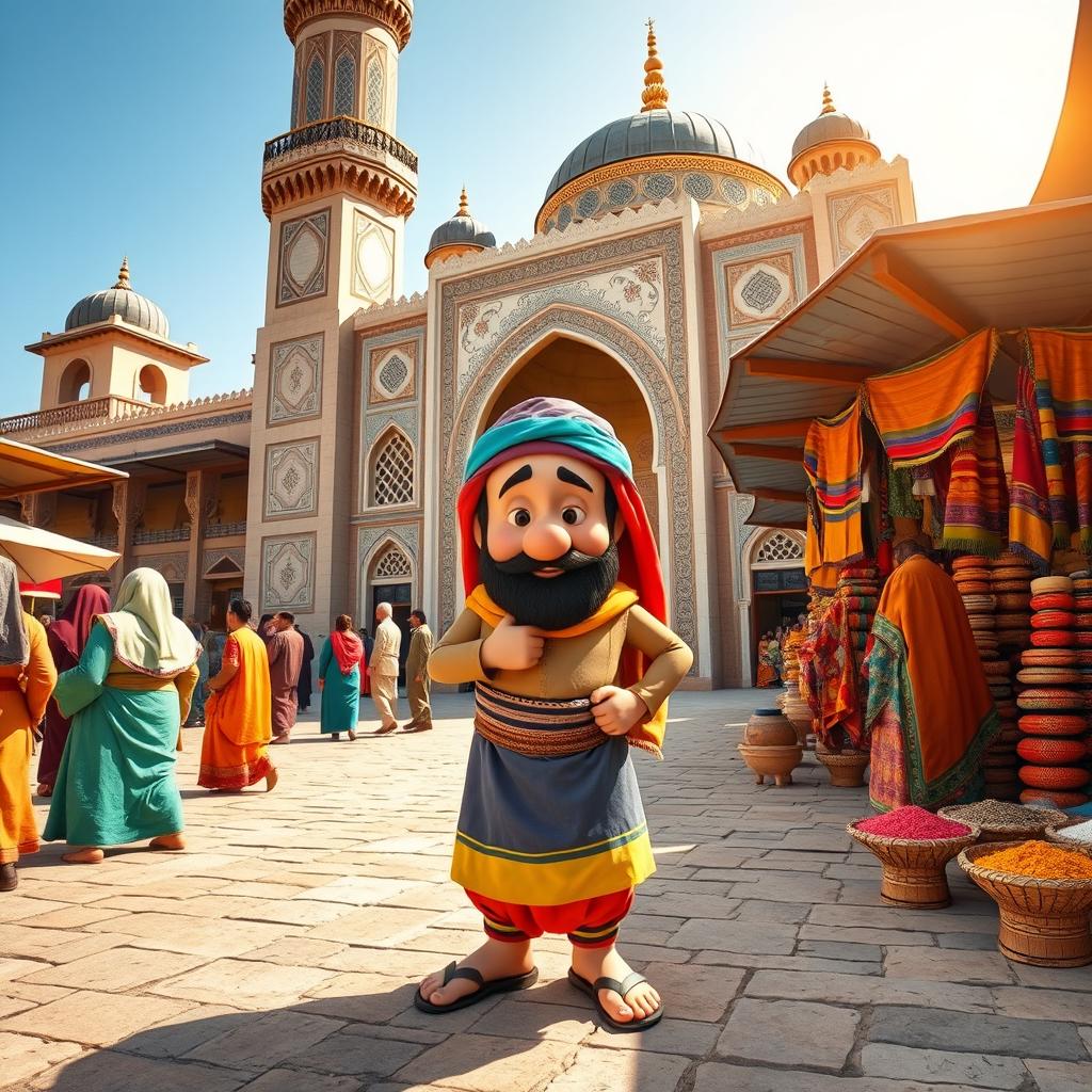 A traditional Middle Eastern scene featuring a humorous character resembling a folklore figure, dressed in colorful attire typical of the region