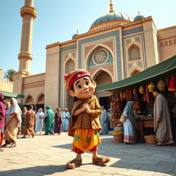 A traditional Middle Eastern scene featuring a humorous character resembling a folklore figure, dressed in colorful attire typical of the region