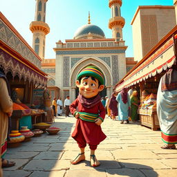 A traditional Middle Eastern scene featuring a humorous character resembling a folklore figure, dressed in colorful attire typical of the region