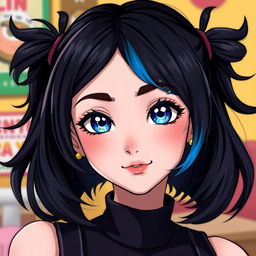 A beautiful character inspired by a blend of French, Italian, and Chinese heritage, featuring striking bluebell eyes and medium-length black hair with blue highlights