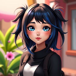 A beautiful character inspired by a blend of French, Italian, and Chinese heritage, featuring striking bluebell eyes and medium-length black hair with blue highlights