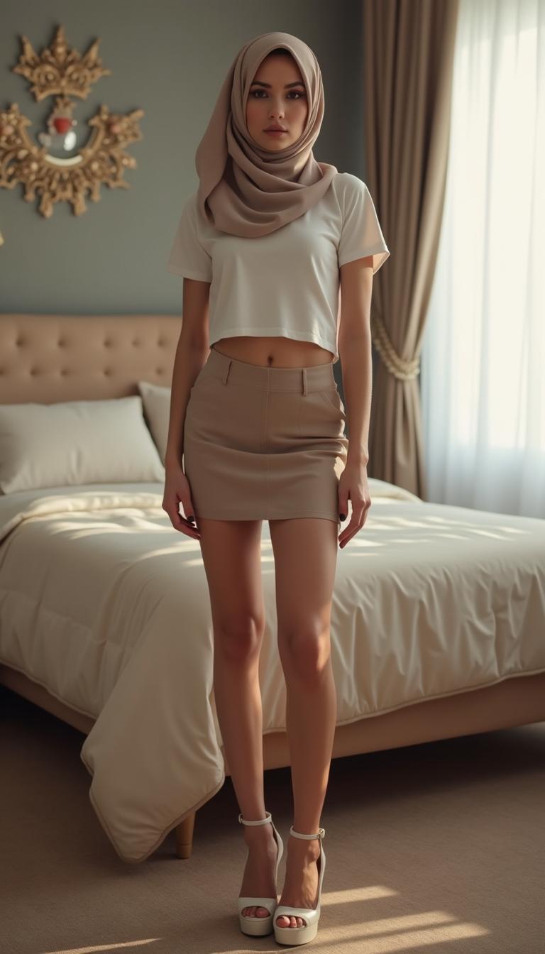 A classy woman wearing a stylish hijab, elegantly paired with a cropped t-shirt that shows just a hint of her midriff, complemented by a fitted mini skirt that accentuates her curves