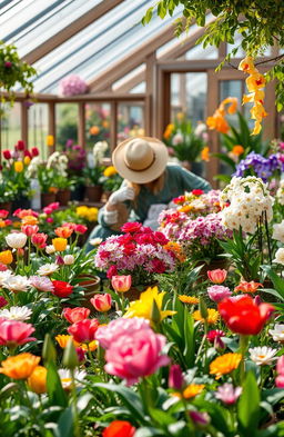 An enchanting floriculture scene showcasing a vibrant, colorful flower nursery filled with a variety of blooming flowers such as roses, tulips, daisies, and orchids
