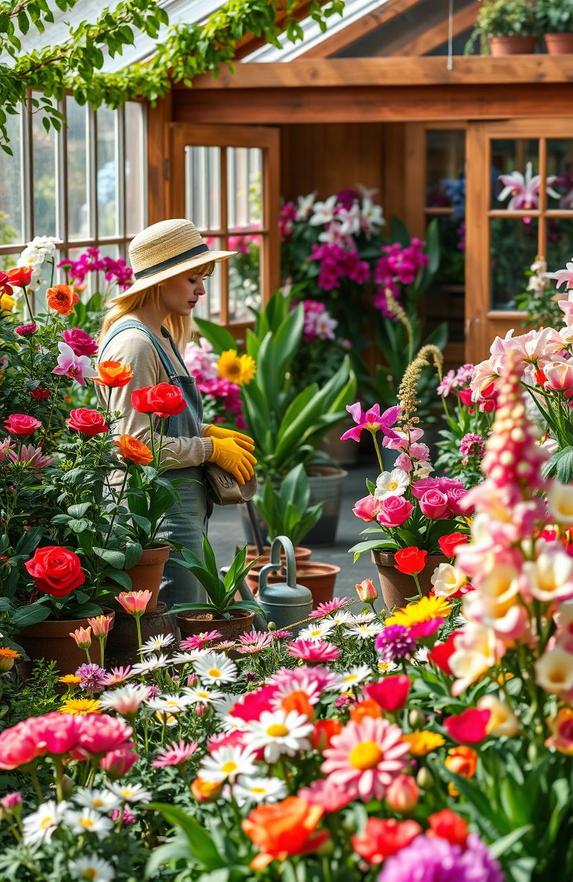 An enchanting floriculture scene showcasing a vibrant, colorful flower nursery filled with a variety of blooming flowers such as roses, tulips, daisies, and orchids