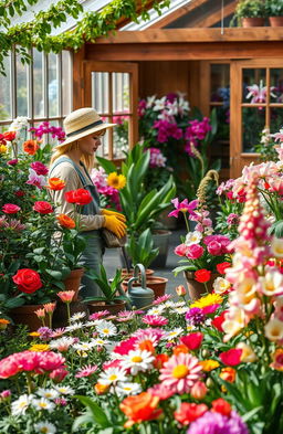 An enchanting floriculture scene showcasing a vibrant, colorful flower nursery filled with a variety of blooming flowers such as roses, tulips, daisies, and orchids