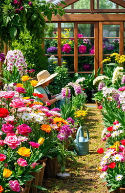 An enchanting floriculture scene showcasing a vibrant, colorful flower nursery filled with a variety of blooming flowers such as roses, tulips, daisies, and orchids