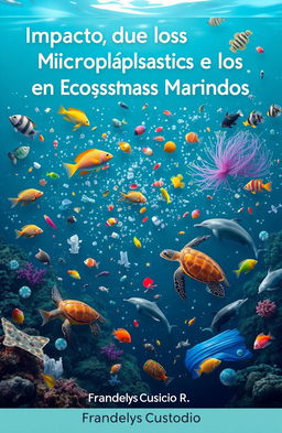An informative and impactful image depicting marine animals interacting with microplastics in their ocean habitat