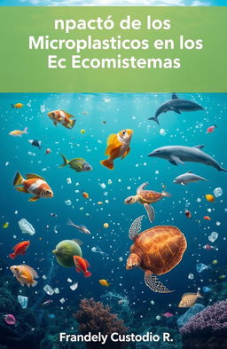 An informative and impactful image depicting marine animals interacting with microplastics in their ocean habitat