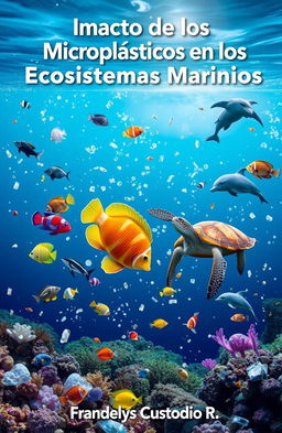 An informative and impactful image depicting marine animals interacting with microplastics in their ocean habitat