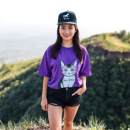 A beautiful Asian woman standing on a hill, facing the camera with a gentle smile