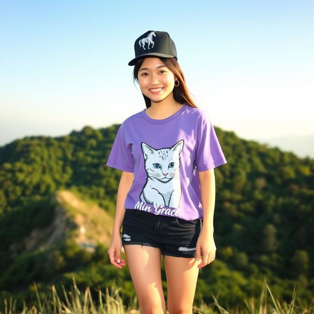 A beautiful Asian woman standing on a hill, facing the camera with a gentle smile