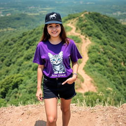 A beautiful Asian woman standing on a hill, facing the camera with a gentle smile