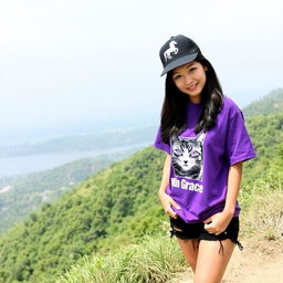 A beautiful Asian woman standing on a hill, facing the camera with a gentle smile