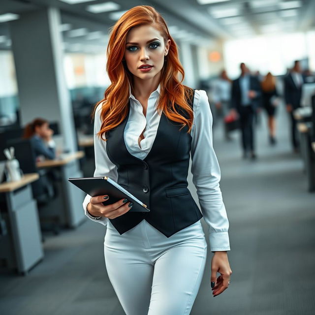 A full-length photograph of a beautiful young woman secretary with flame red hair and blue eyes