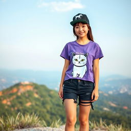 A beautiful Asian woman wearing a purple t-shirt featuring a cat graphic with the text 'Min Grace', styled in ripped black denim shorts, and fashionable sneakers