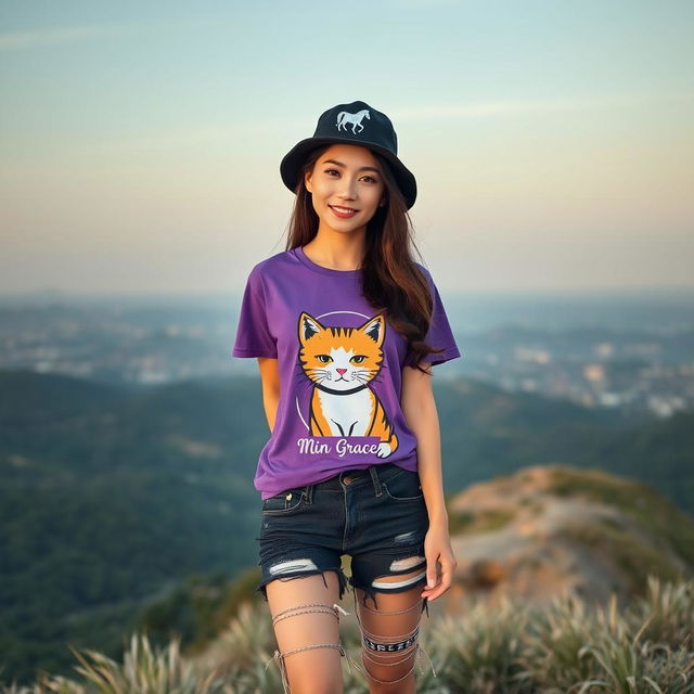 A beautiful Asian woman wearing a purple t-shirt featuring a cat graphic with the text 'Min Grace', styled in ripped black denim shorts, and fashionable sneakers