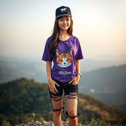 A beautiful Asian woman wearing a purple t-shirt featuring a cat graphic with the text 'Min Grace', styled in ripped black denim shorts, and fashionable sneakers