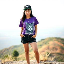 A beautiful Asian woman wearing a purple t-shirt featuring a cat graphic with the text 'Min Grace', styled in ripped black denim shorts, and fashionable sneakers