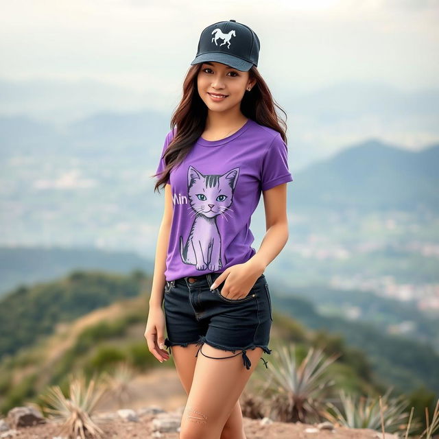 A beautiful Asian woman wearing a purple t-shirt featuring a cat graphic with the words 'Min Grace'