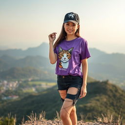 A beautiful Asian woman wearing a purple t-shirt featuring a cat graphic with the words 'Min Grace'