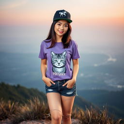 A beautiful Asian woman wearing a purple t-shirt featuring a cat graphic with the words 'Min Grace'