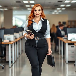 A full-length photograph of a plump, thick, and soft yet very beautiful young woman with flame red hair and striking blue eyes