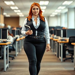 A full-length photograph of a plump, thick, and soft yet very beautiful young woman with flame red hair and striking blue eyes